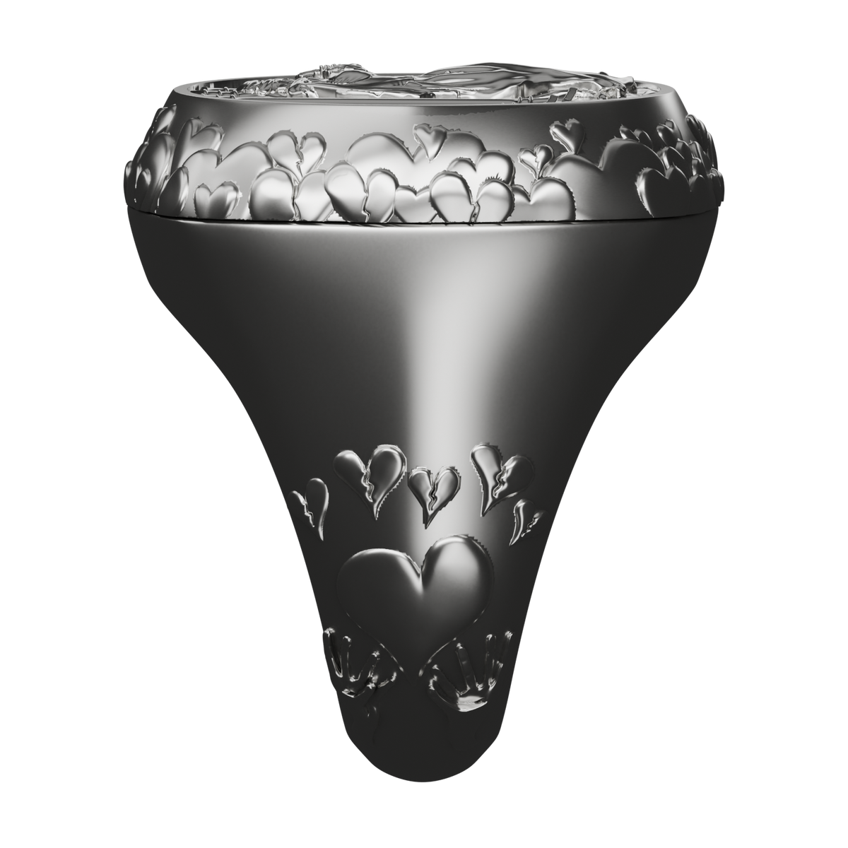 All Roads Lead to Love championship ring in silver, lower-shank side view showing the hearts, hands and fitted cap. Digital render.