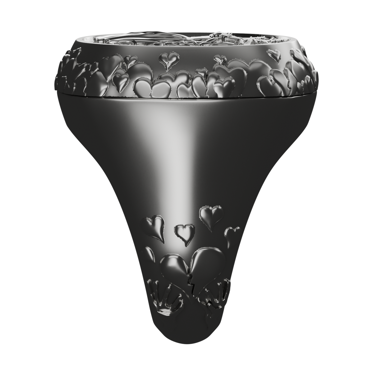 All Roads Lead to Love championship ring in silver, opposing lower-shank view showing the broken heart, hands and fitted cap. Digital render.